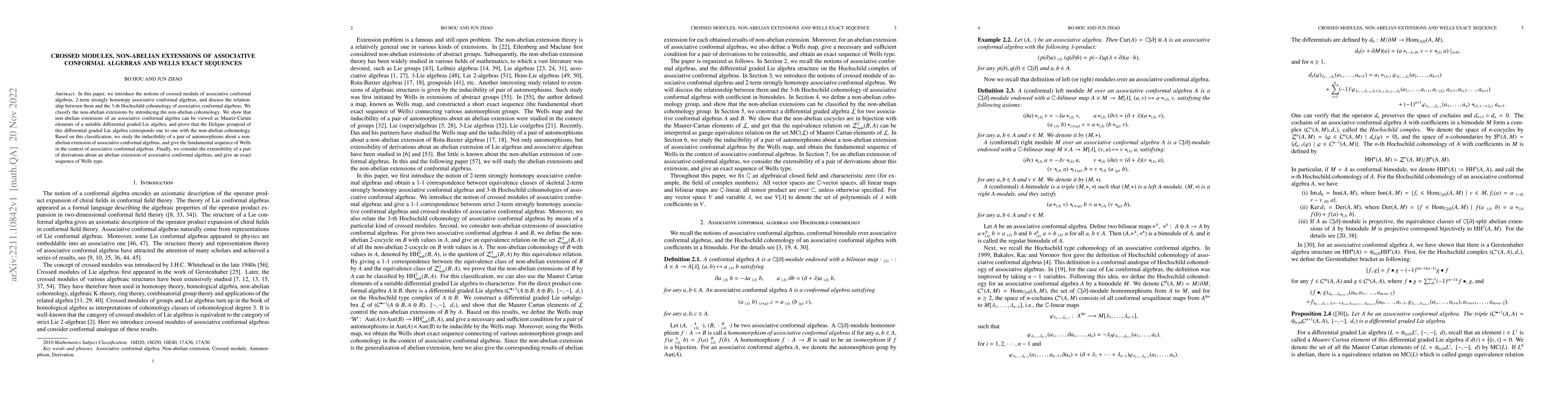 Thumbnail for Crossed modules, non-abelian extensions of associative conformal
  algebras and Wells exact sequences