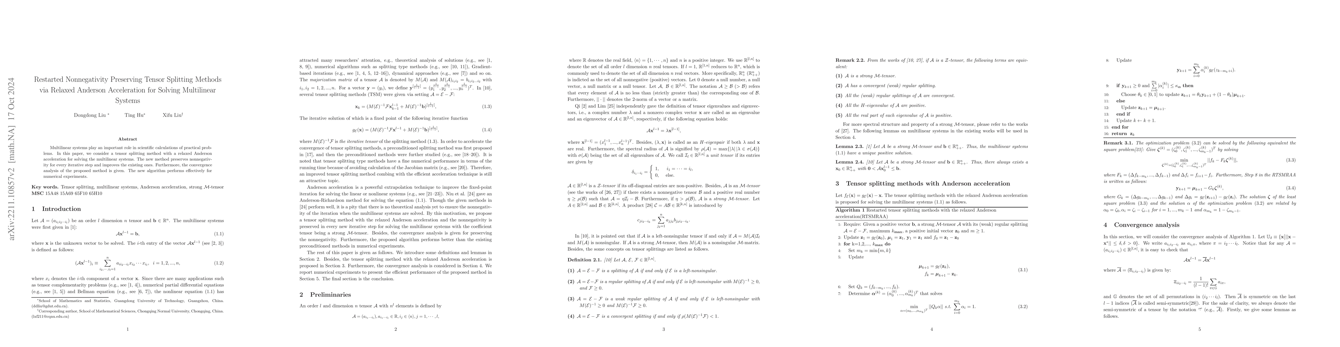 Thumbnail for Restarted Nonnegativity Preserving Tensor Splitting Methods via Relaxed
  Anderson Acceleration for Solving Multi-linear Systems