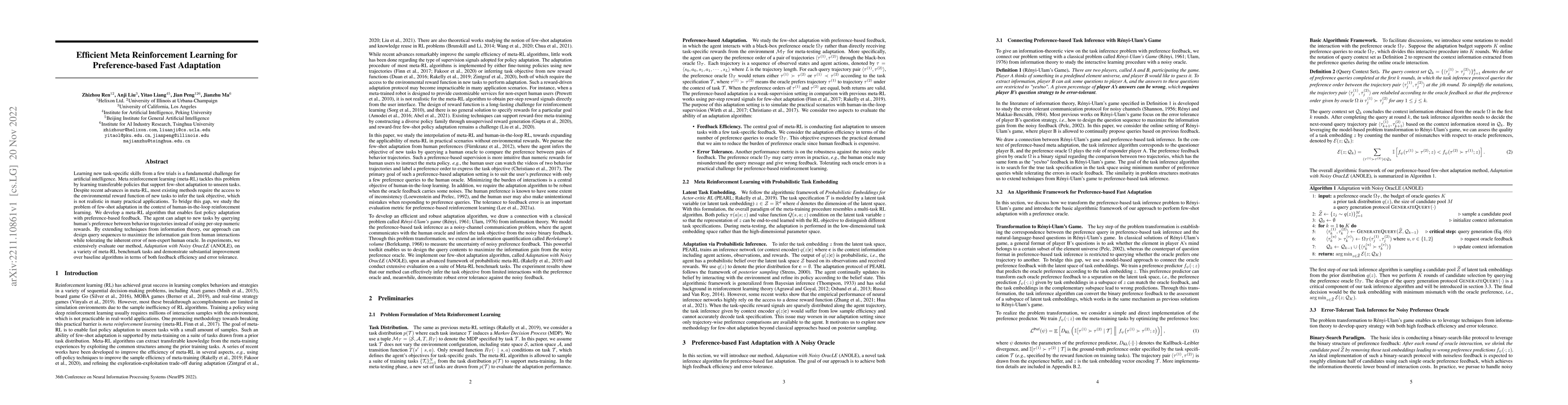 Thumbnail for Efficient Meta Reinforcement Learning for Preference-based Fast
  Adaptation