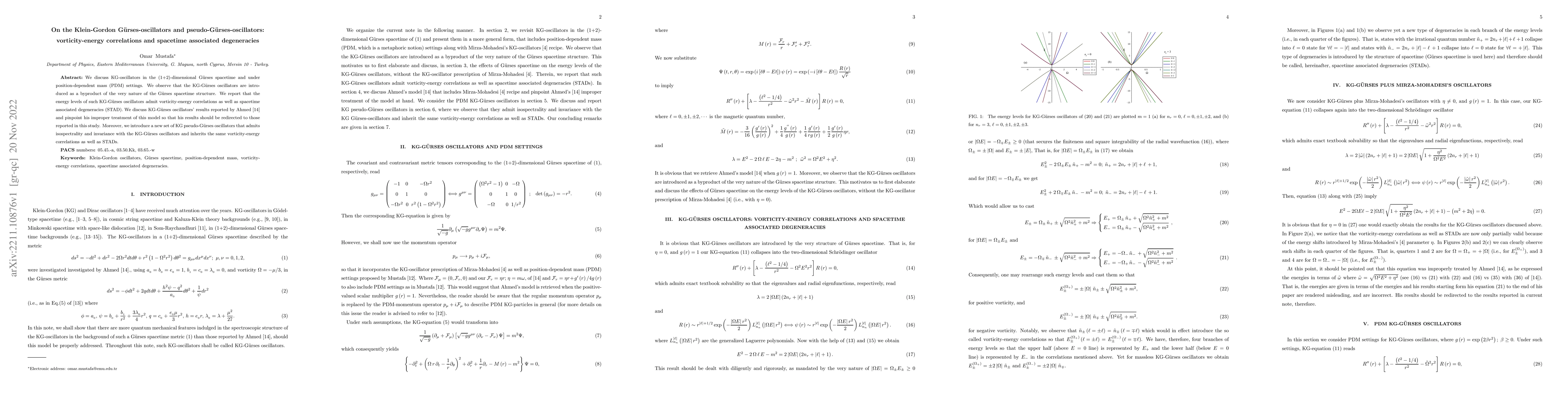 Thumbnail for On the Klein-Gordon G\"{u}rses-oscillators and
  pseudo-G\"{u}rses-oscillators: vorticity-energy correlations and spacetime
  associated degeneracies