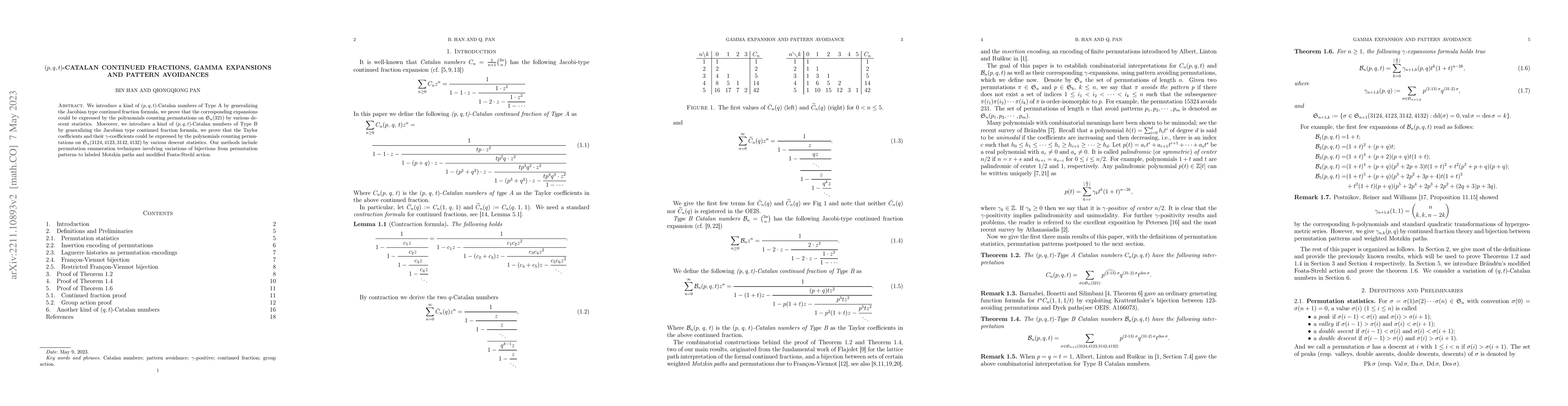 Thumbnail for $(p,q,t)$-Catalan continued fractions, gamma expansions and pattern
  avoidances