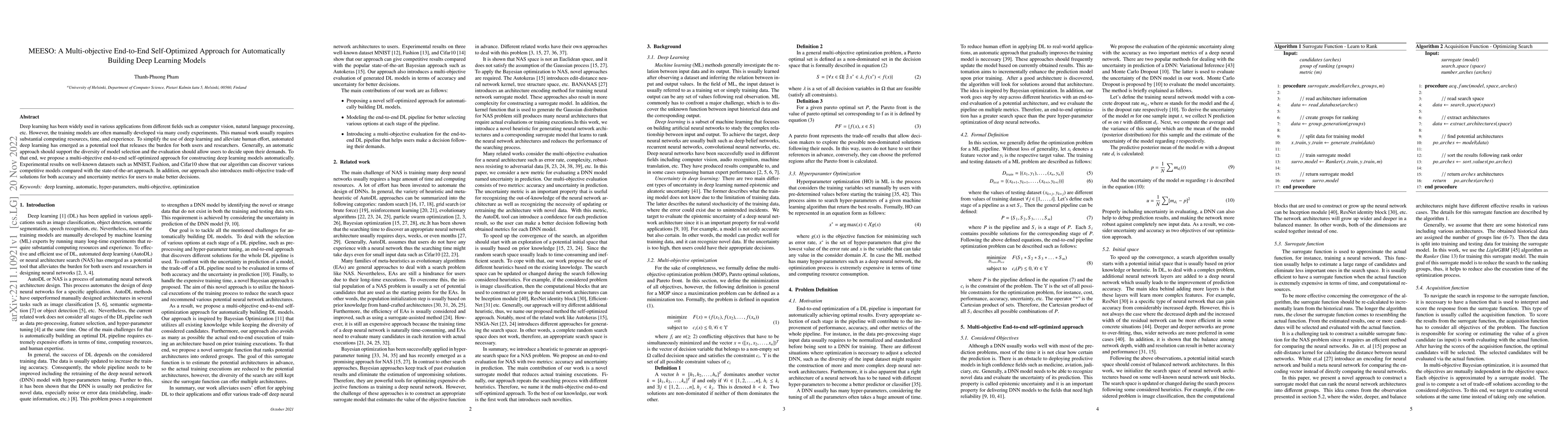 Thumbnail for MEESO: A Multi-objective End-to-End Self-Optimized Approach for
  Automatically Building Deep Learning Models