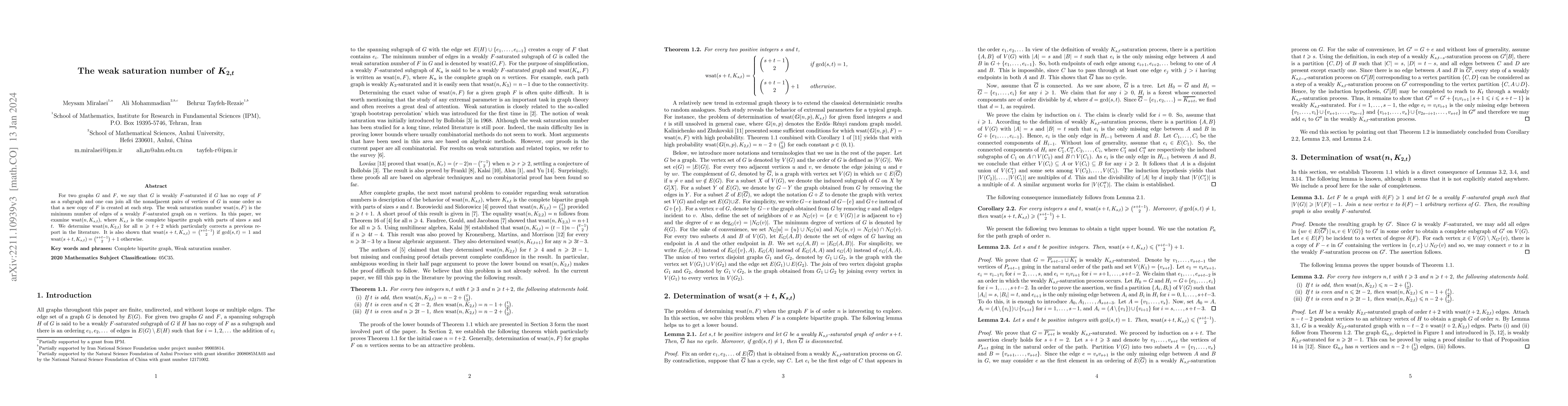 Thumbnail for The weak saturation number of $\boldsymbol{K_{2, t}}$