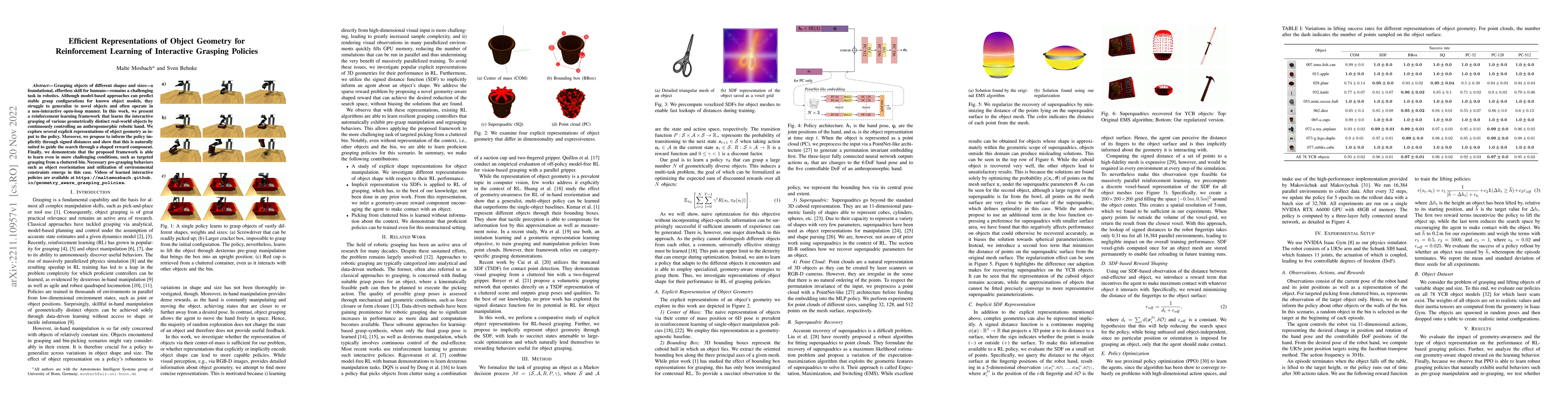 Thumbnail for Efficient Representations of Object Geometry for Reinforcement Learning
  of Interactive Grasping Policies