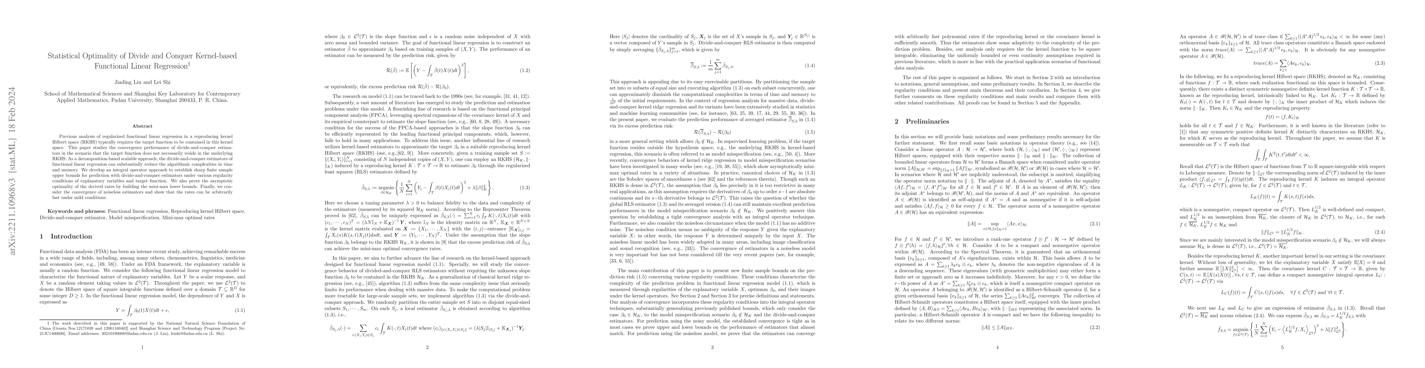 Thumbnail for Statistical Optimality of Divide and Conquer Kernel-based Functional
  Linear Regression