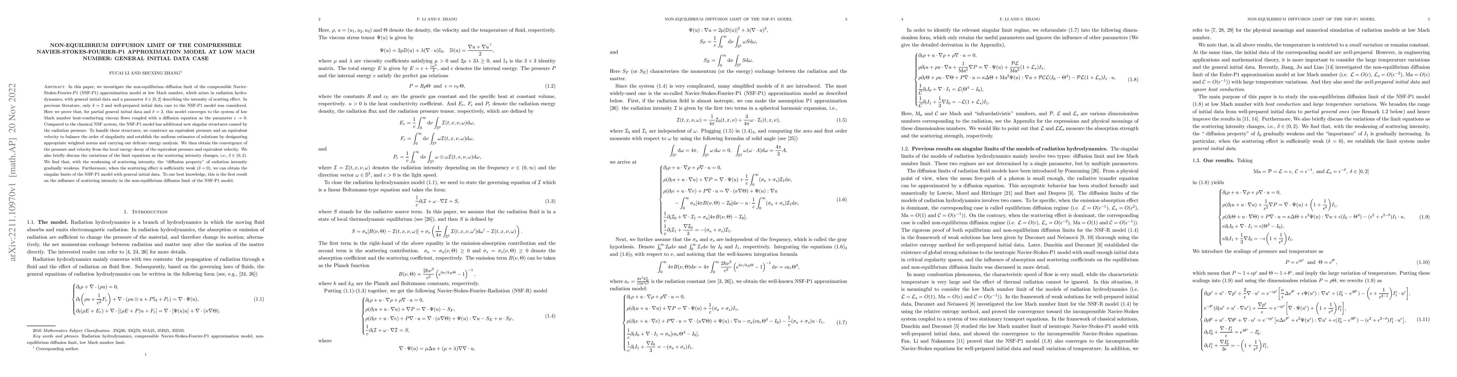 Thumbnail for Non-equilibrium diffusion limit of the compressible
  Navier-Stokes-Fourier-P1 approximation model at low Mach number: general
  initial data case