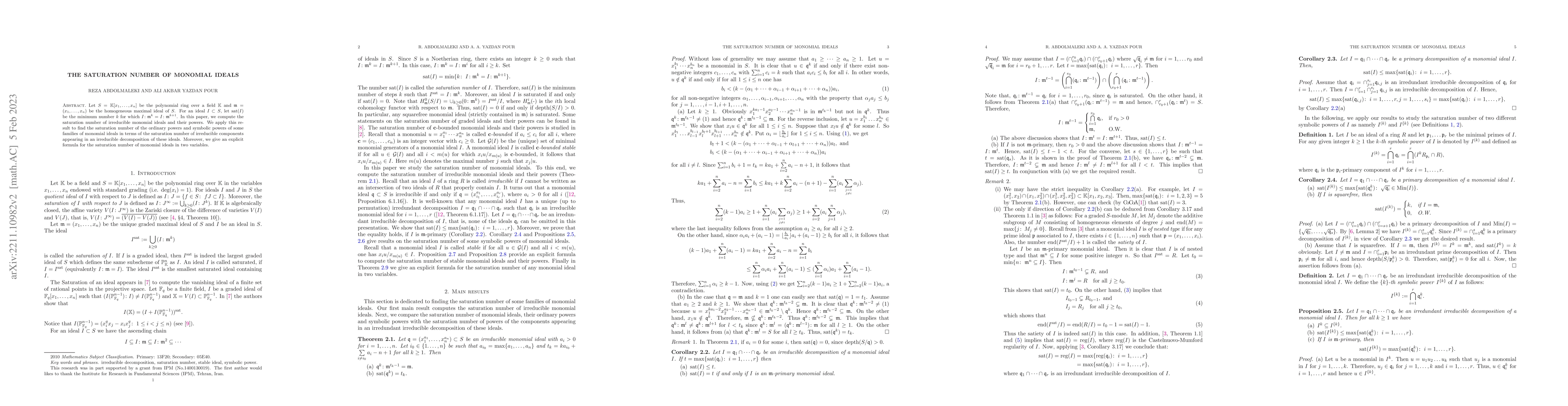 Thumbnail for The saturation number of monomial ideals