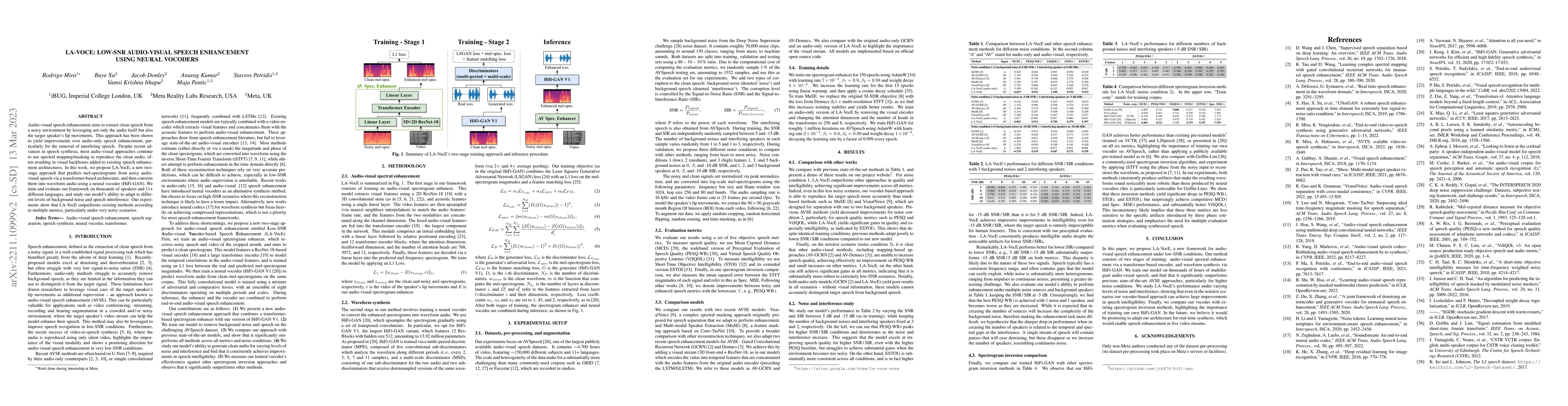 Thumbnail for LA-VocE: Low-SNR Audio-visual Speech Enhancement using Neural Vocoders
