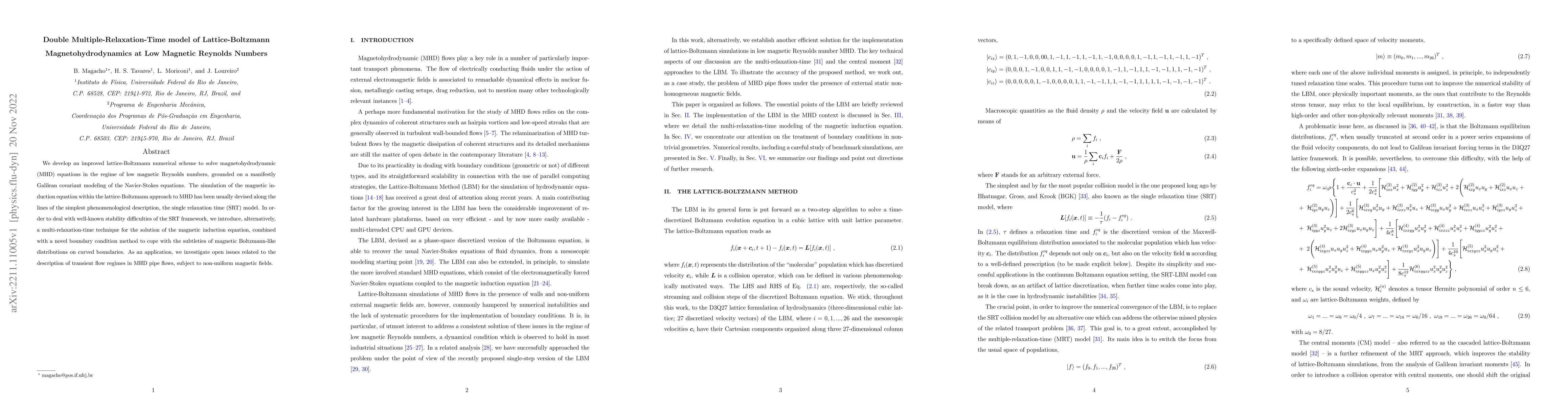 Thumbnail for Double Multiple-Relaxation-Time model of Lattice-Boltzmann
  Magnetohydrodynamics at Low Magnetic Reynolds Numbers