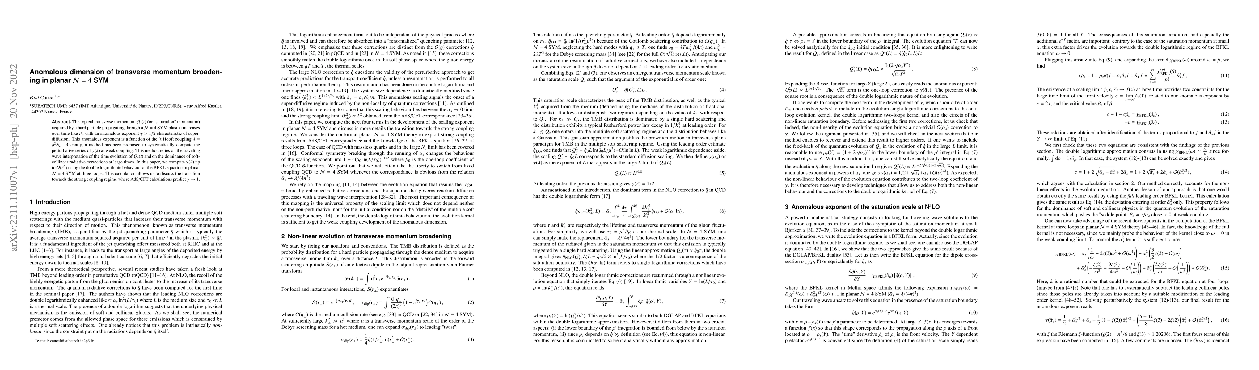 Thumbnail for Anomalous dimension of transverse momentum broadening in planar
  $\mathcal{N}=4$ SYM