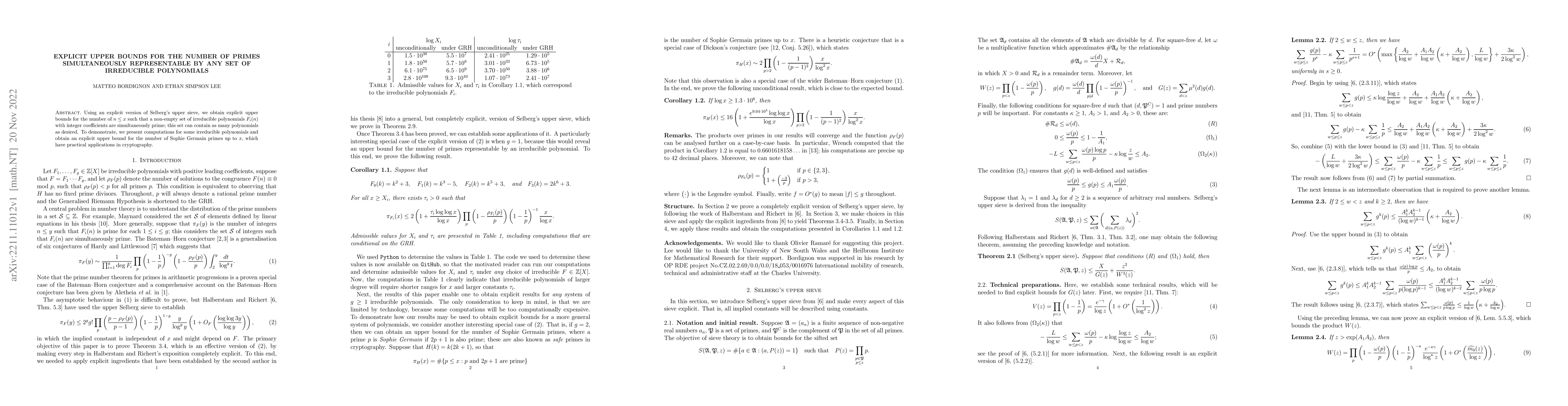 Thumbnail for Explicit upper bounds for the number of primes simultaneously
  representable by any set of irreducible polynomials