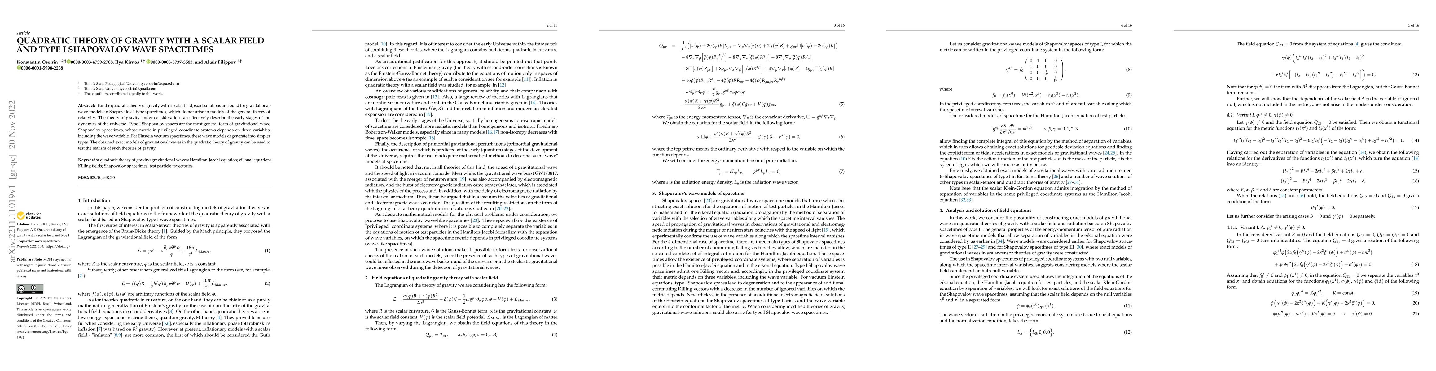 Thumbnail for Quadratic theory of gravity with a scalar field and type I Shapovalov
  wave spacetimes