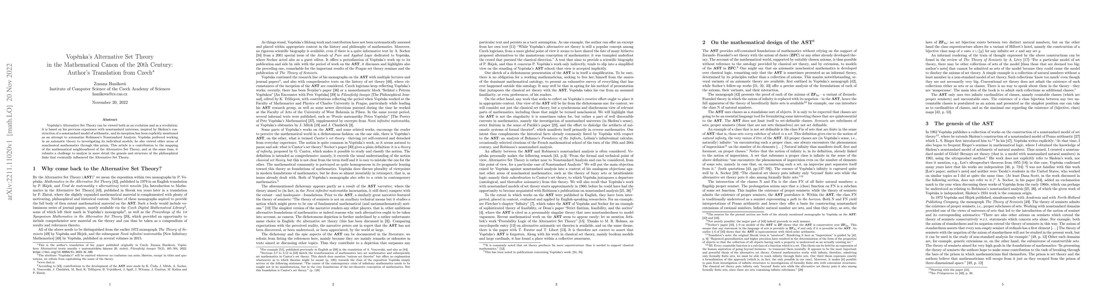 Thumbnail for Vop\v{e}nka's Alternative Set Theory in the Mathematical Canon of the
  20th Century: Author's Translation from Czech