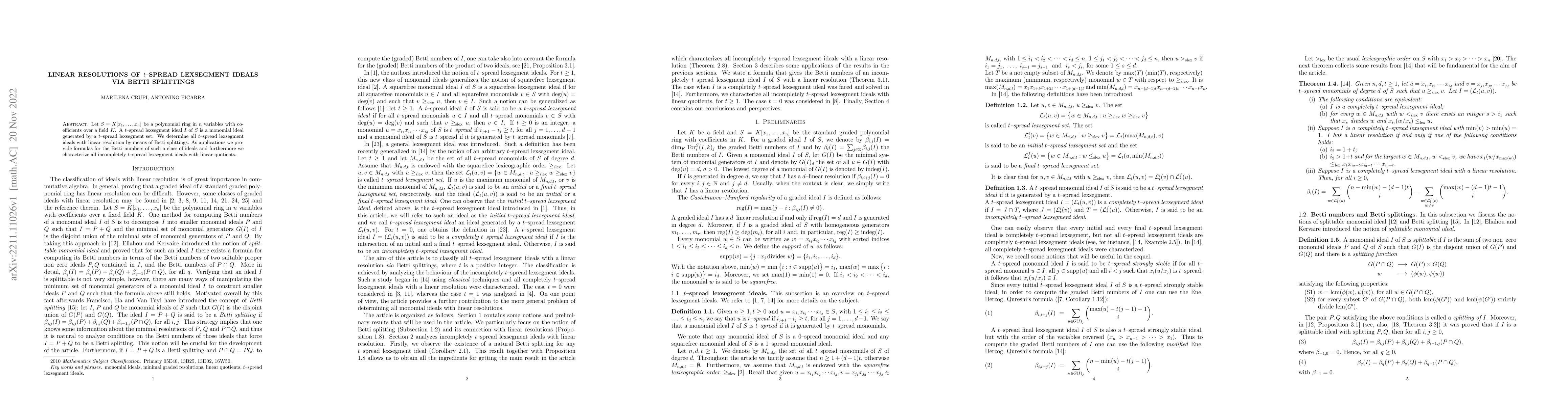 Thumbnail for Linear resolutions of $t$-spread lexsegment ideals via Betti splittings