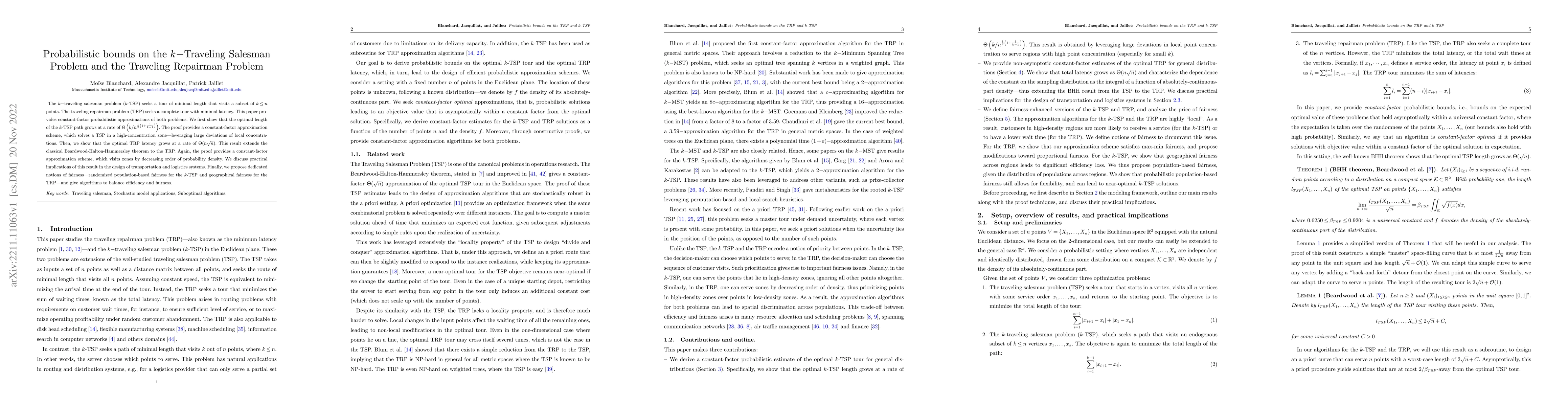 Thumbnail for Probabilistic bounds on the $k-$Traveling Salesman Problem and the
  Traveling Repairman Problem