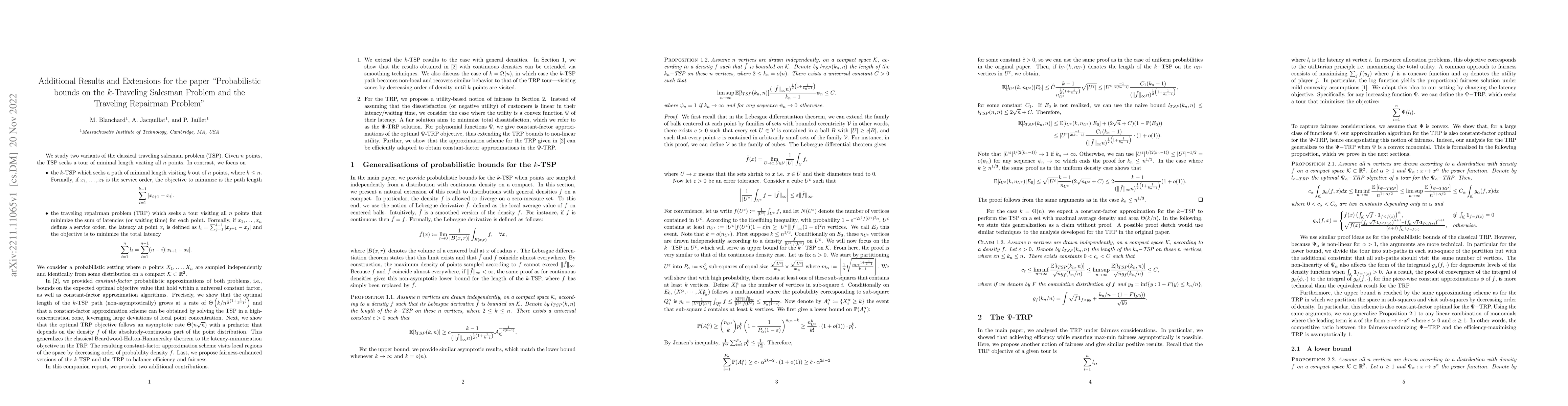 Thumbnail for Additional Results and Extensions for the paper "Probabilistic bounds on
  the $k-$Traveling Salesman Problem and the Traveling Repairman Problem''