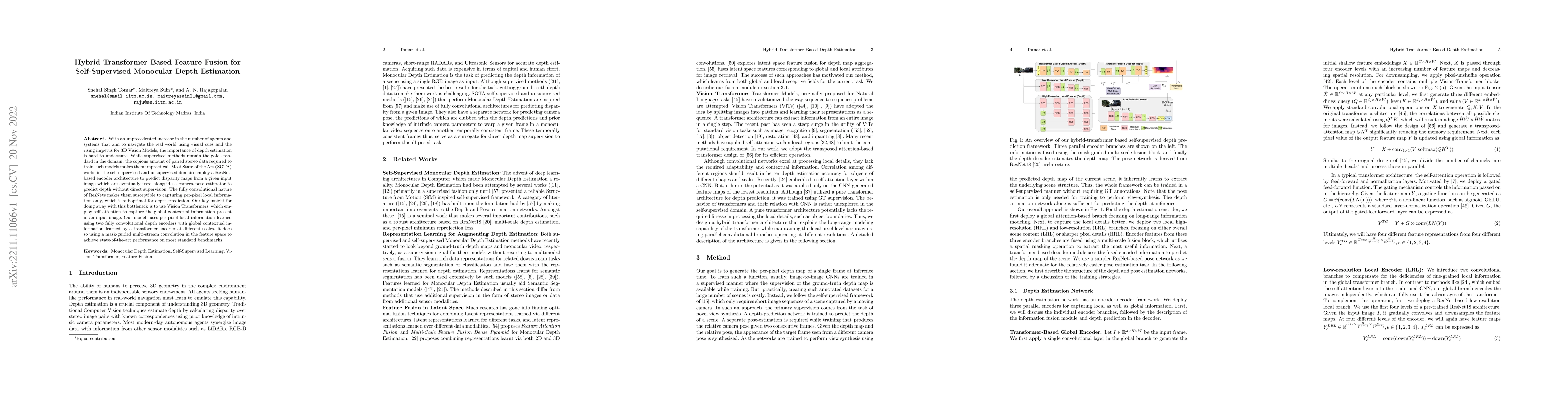 Thumbnail for Hybrid Transformer Based Feature Fusion for Self-Supervised Monocular
  Depth Estimation