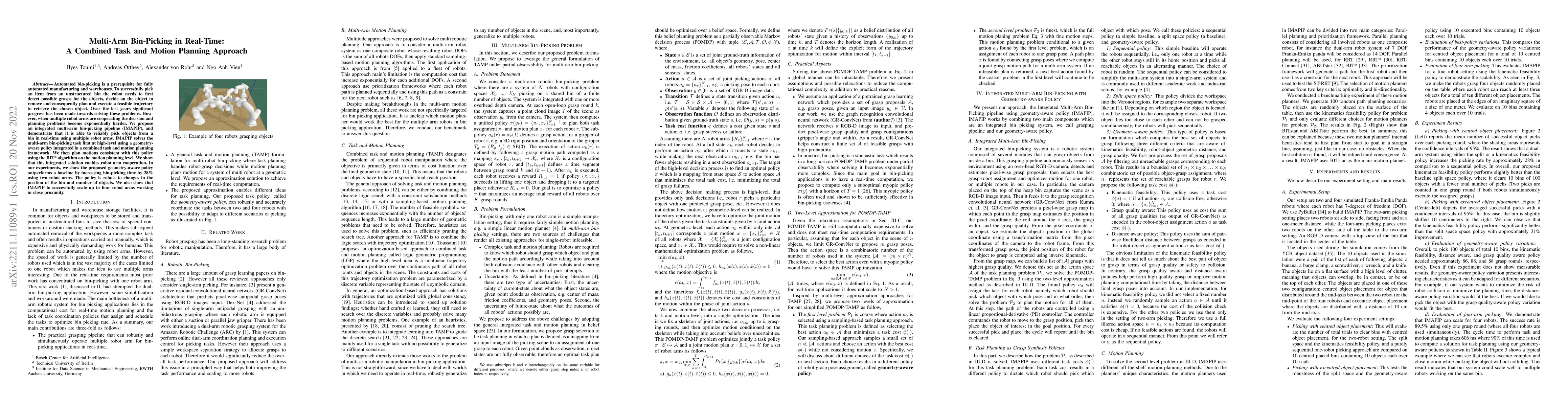 Thumbnail for Multi-Arm Bin-Picking in Real-Time: A Combined Task and Motion Planning
  Approach