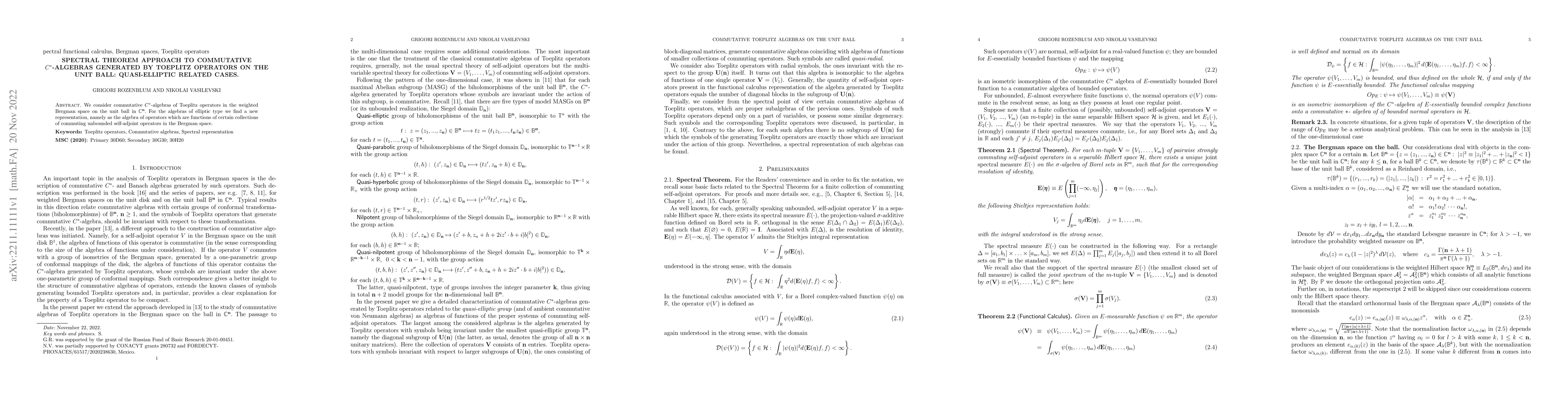 Thumbnail for Spectral theorem approach to commutative C* -algebras generated by
  Toeplitz operators on the unit ball: quasi-elliptic related cases