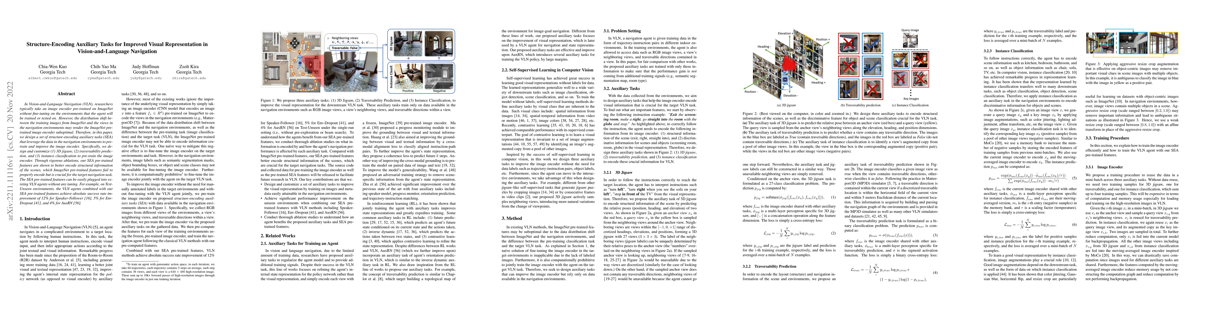 Thumbnail for Structure-Encoding Auxiliary Tasks for Improved Visual Representation in
  Vision-and-Language Navigation