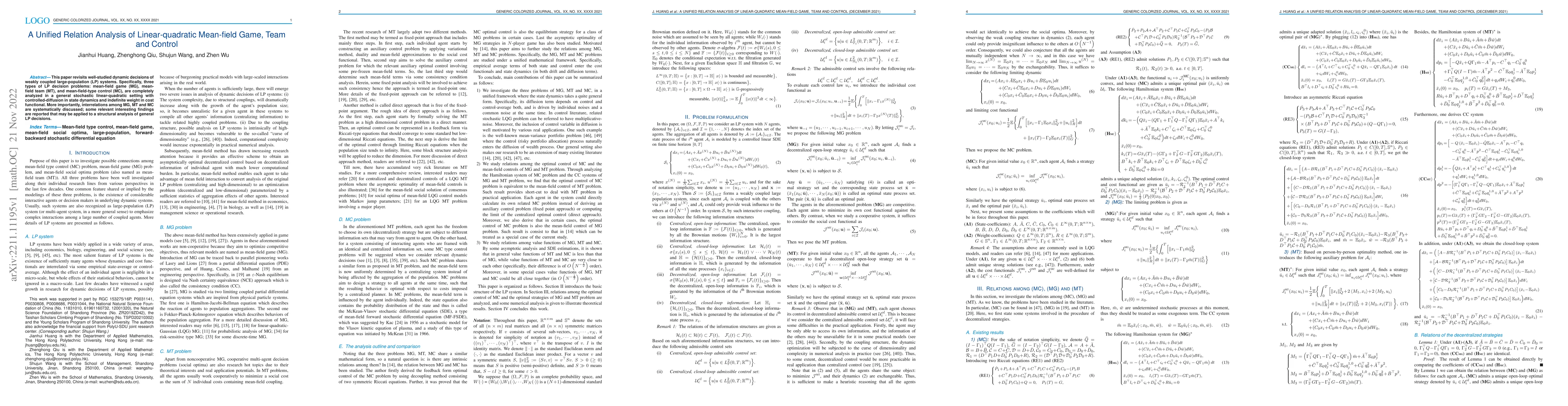 Thumbnail for A Unified Relation Analysis of Linear-quadratic Mean-field Game, Team
  and Control
