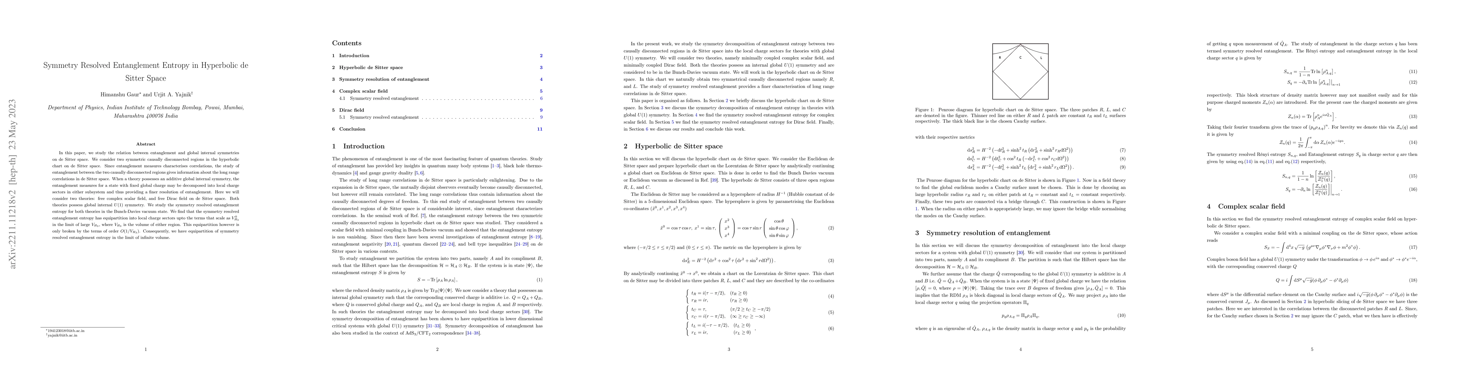 Thumbnail for Symmetry Resolved Entanglement Entropy in Hyperbolic de Sitter Space