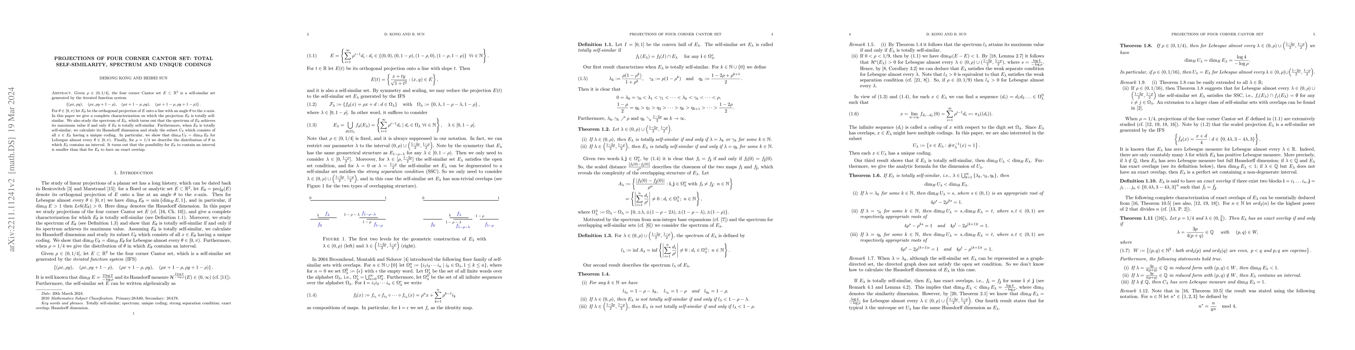 Thumbnail for Projections of four corner Cantor set: total self-similarity, spectrum
  and unique codings