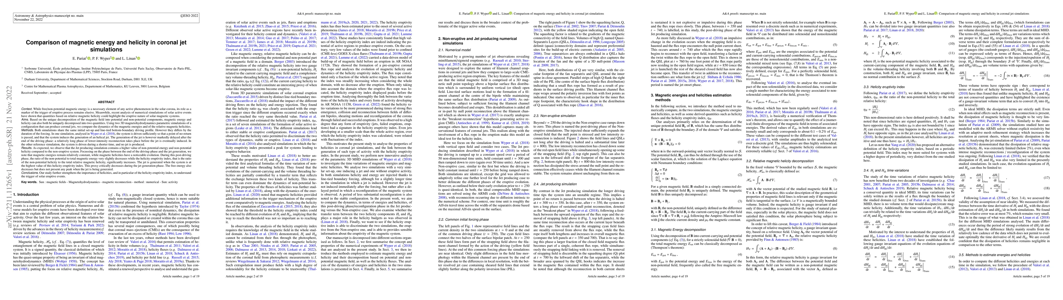Thumbnail for Comparison of magnetic energy and helicity in coronal jet simulations
