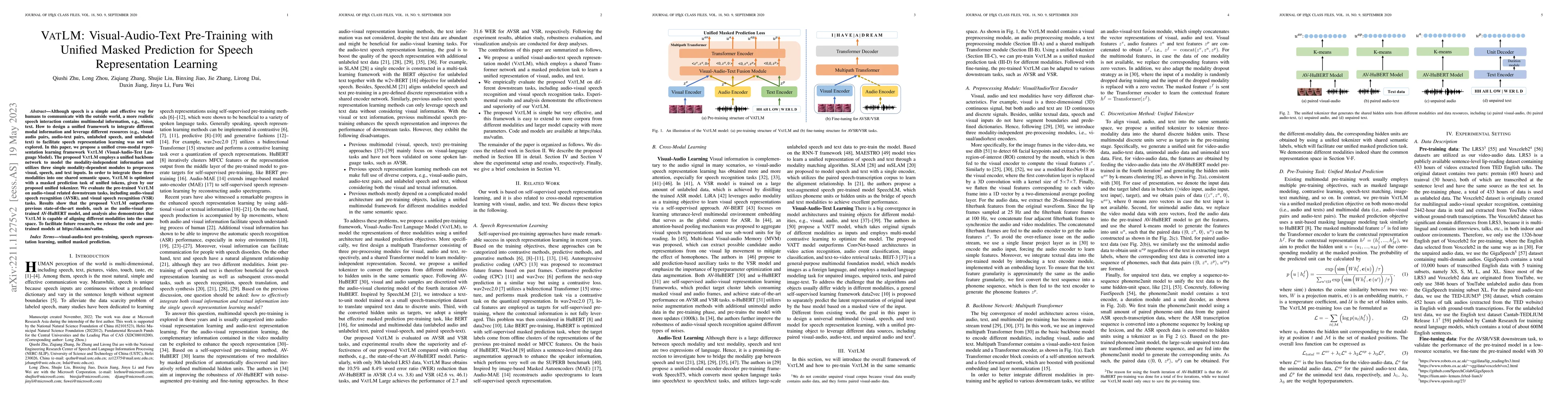 Thumbnail for VATLM: Visual-Audio-Text Pre-Training with Unified Masked Prediction for
  Speech Representation Learning