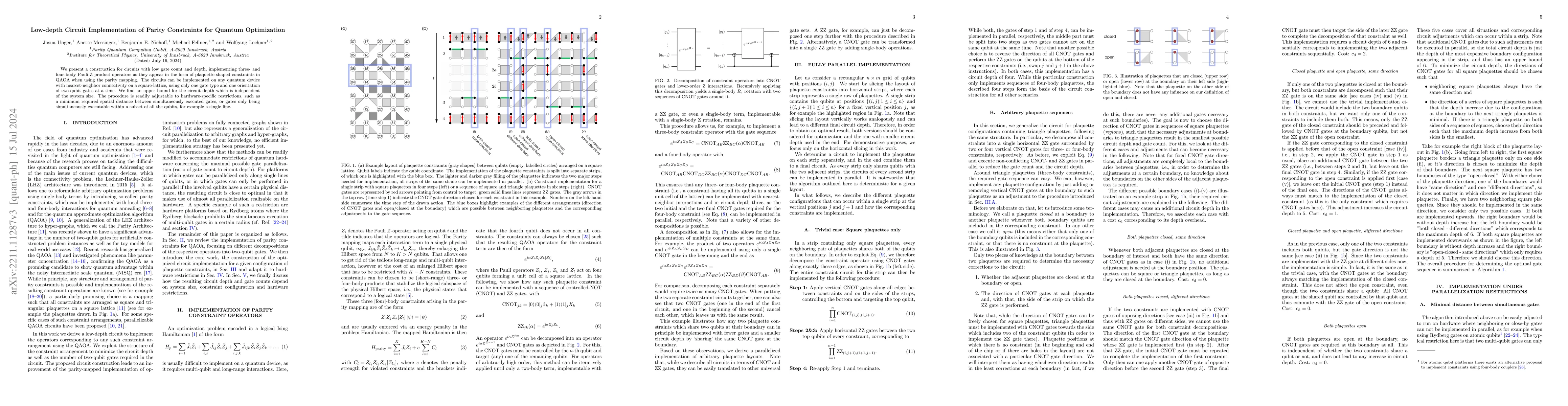 Thumbnail for Low-depth Circuit Implementation of Parity Constraints for Quantum
  Optimization