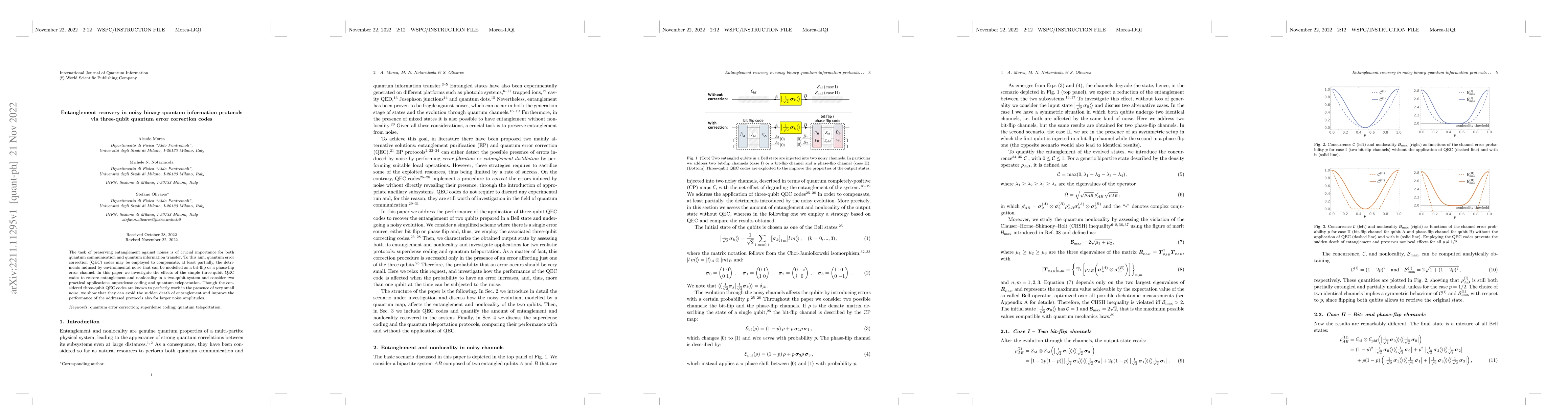 Thumbnail for Entanglement recovery in noisy binary quantum information protocols via
  three-qubit quantum error correction codes