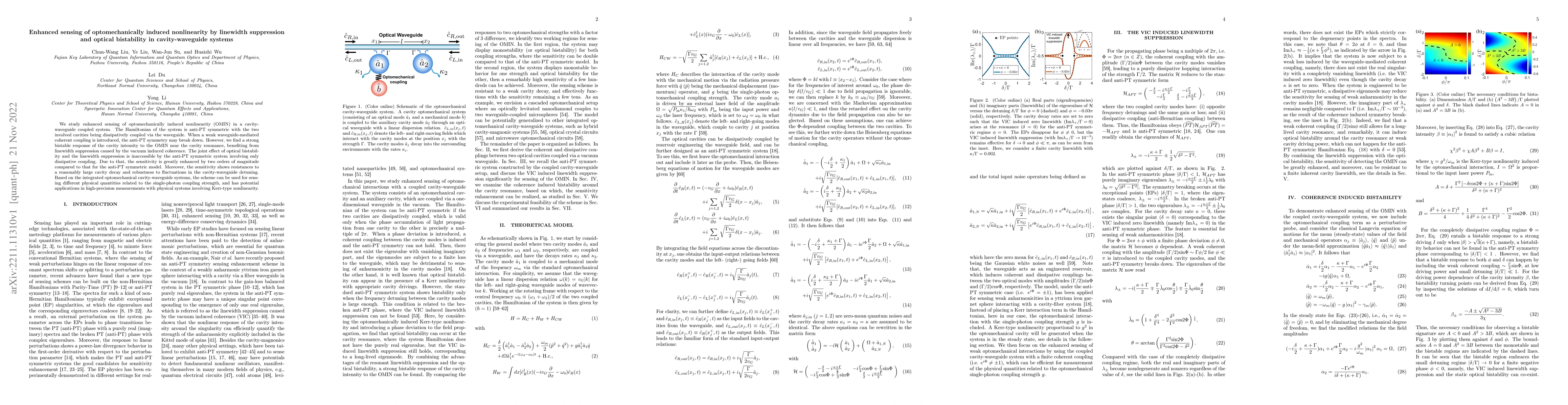 Thumbnail for Enhanced sensing of optomechanically induced nonlinearity by linewidth
  suppression and optical bistability in cavity-waveguide systems