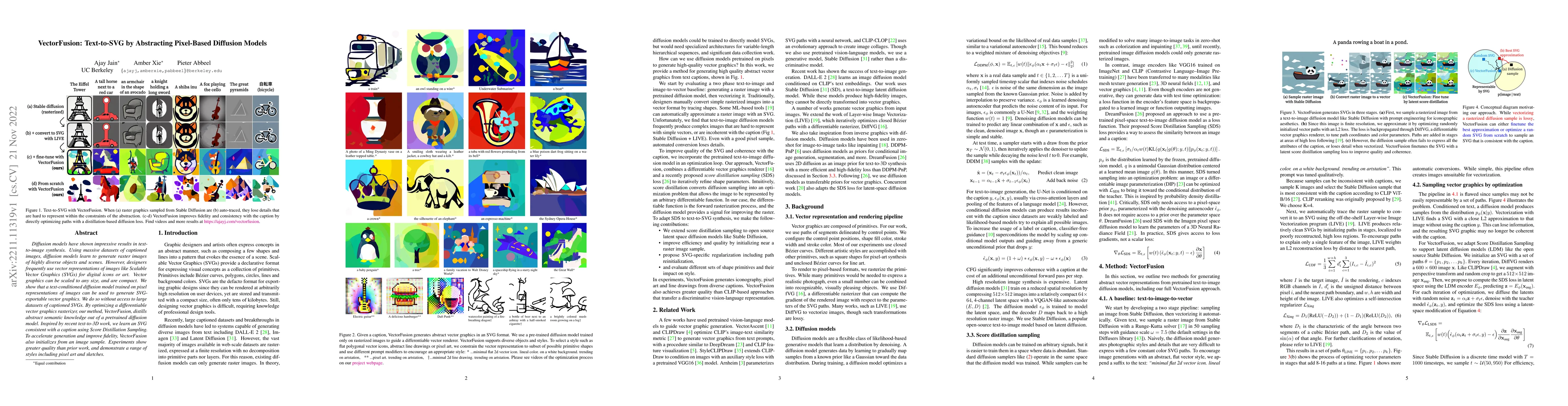 Thumbnail for VectorFusion: Text-to-SVG by Abstracting Pixel-Based Diffusion Models