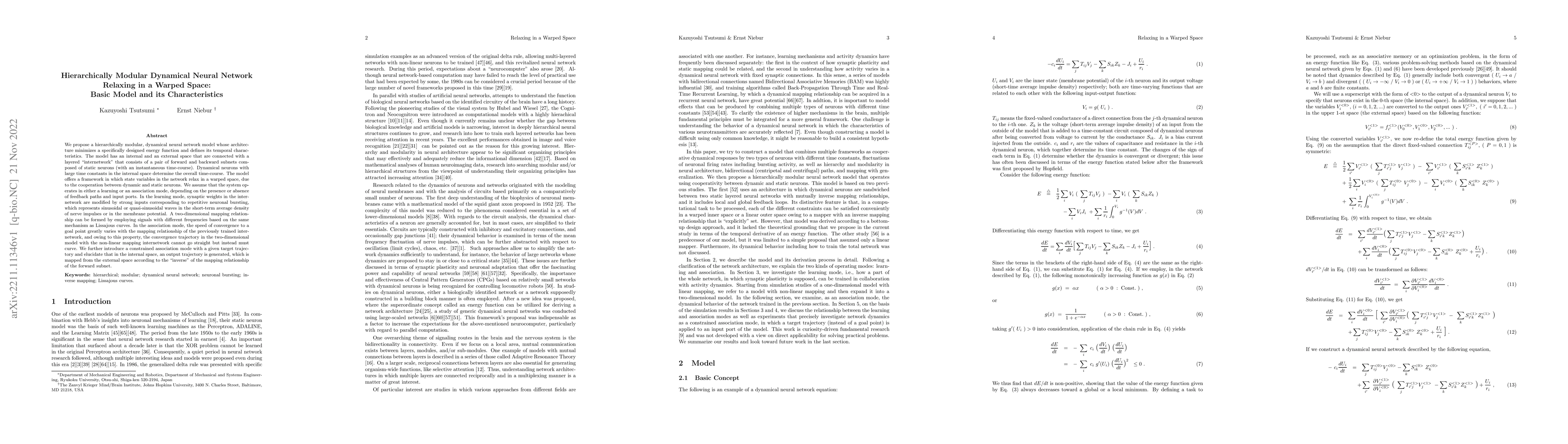 Thumbnail for Hierarchically Modular Dynamical Neural Network Relaxing in a Warped
  Space: Basic Model and its Characteristics