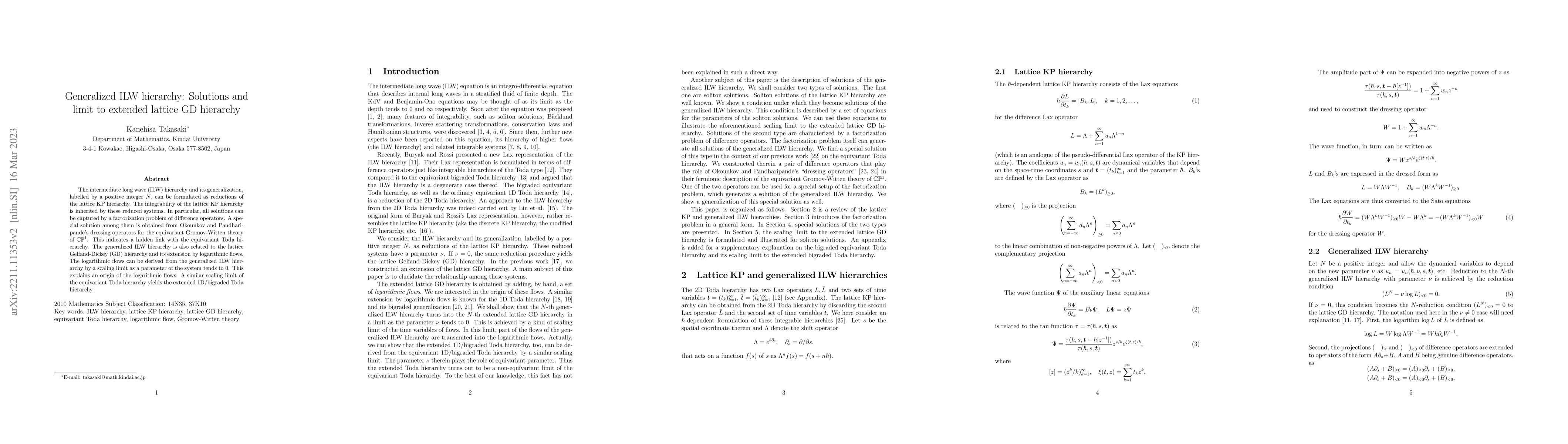 Thumbnail for Generalized ILW hierarchy: Solutions and limit to extended lattice GD
  hierarchy