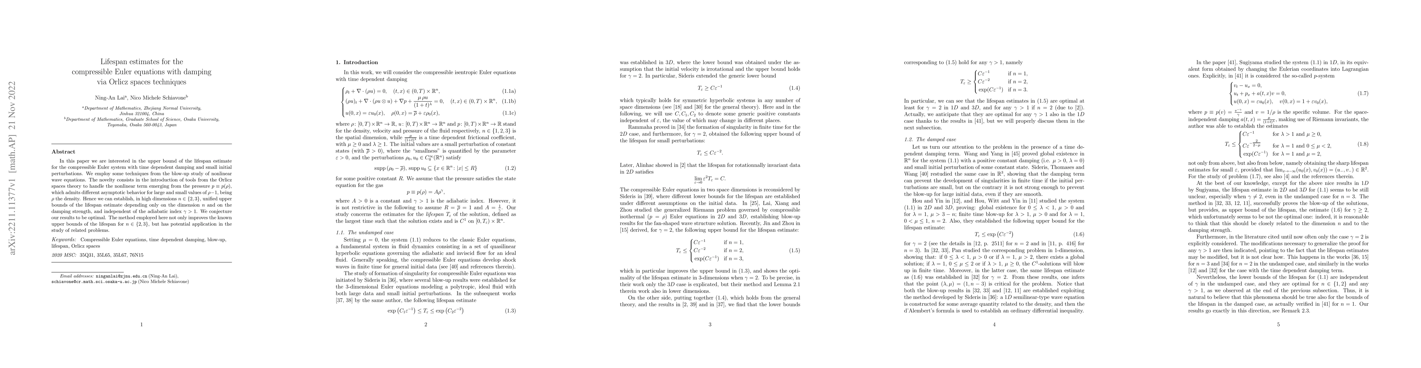 Thumbnail for Lifespan estimates for the compressible Euler equations with damping via
  Orlicz spaces techniques