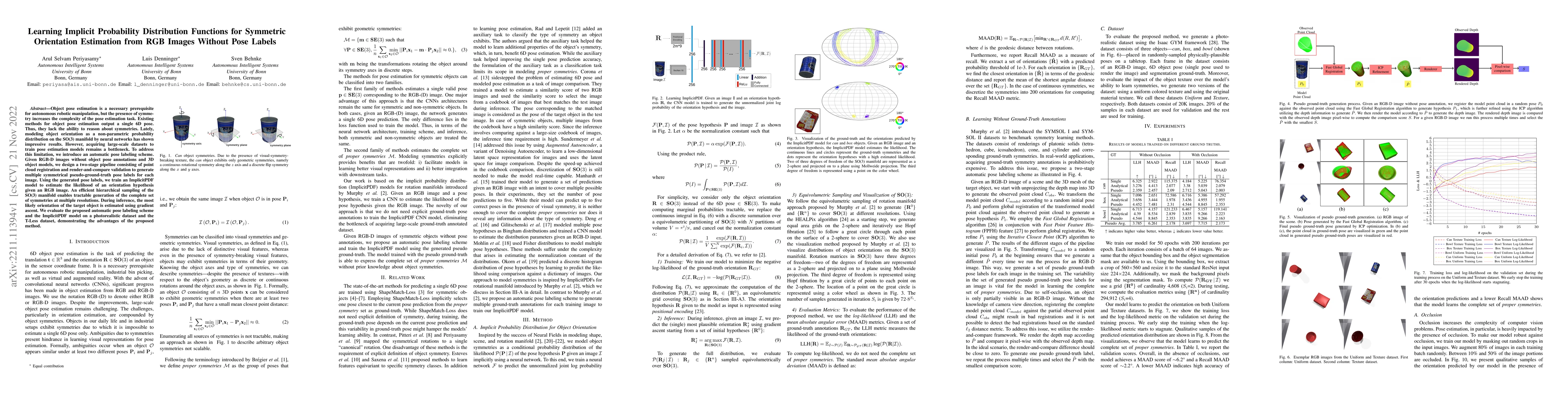 Thumbnail for Learning Implicit Probability Distribution Functions for Symmetric
  Orientation Estimation from RGB Images Without Pose Labels