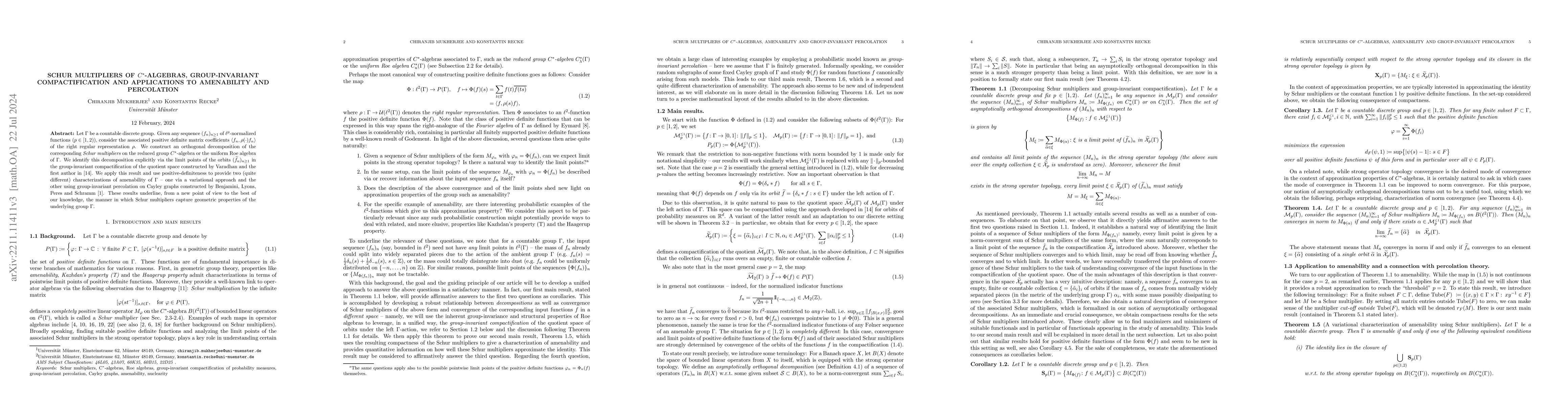 Thumbnail for Schur Multipliers of $C^*$-algebras, group-invariant compactification
  and applications to amenability and percolation