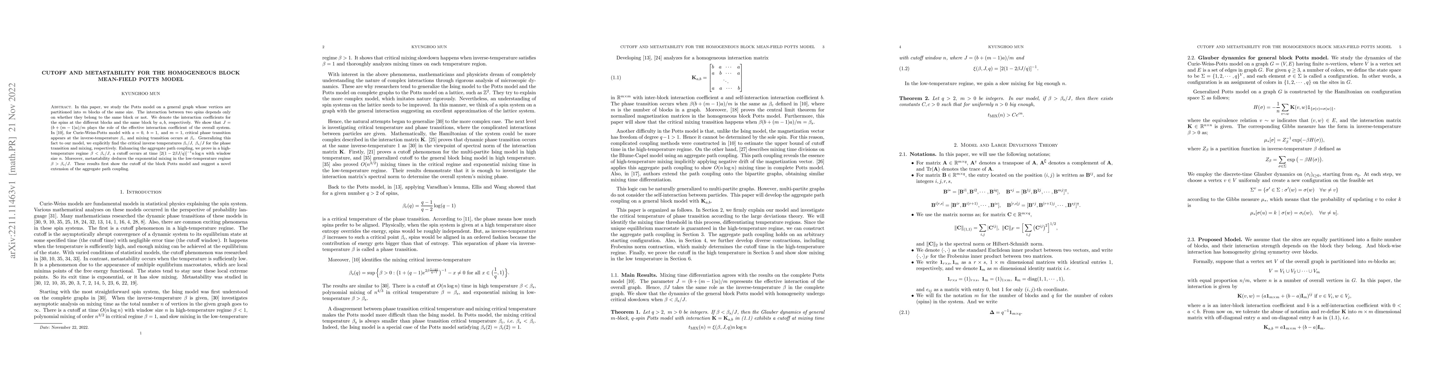 Thumbnail for Cutoff and Metastability for the homogeneous Block Mean-field Potts
  model