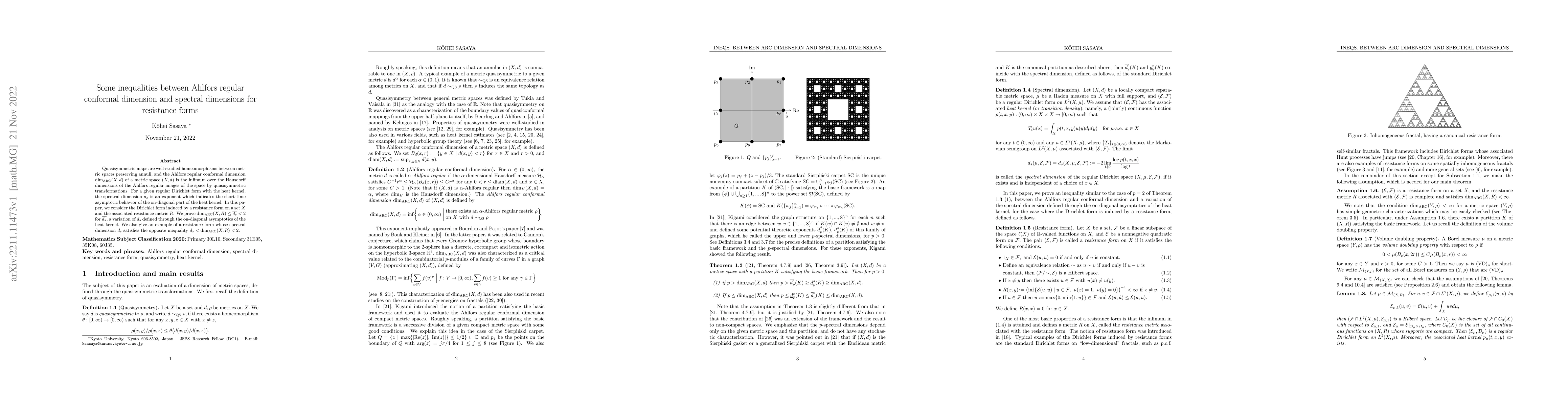 Thumbnail for Some inequalities between Ahlfors regular conformal dimension and
  spectral dimensions for resistance forms