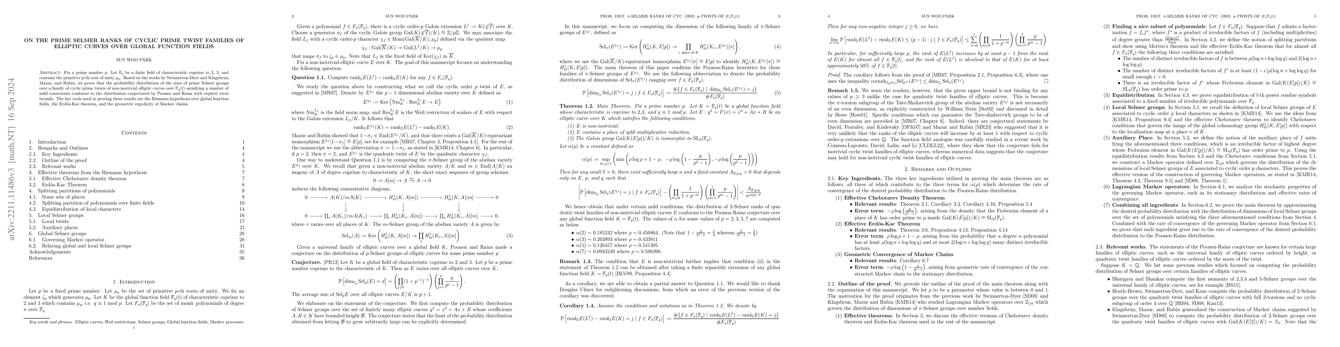 Thumbnail for On the prime Selmer ranks of cyclic prime twist families of elliptic
  curves over global function fields