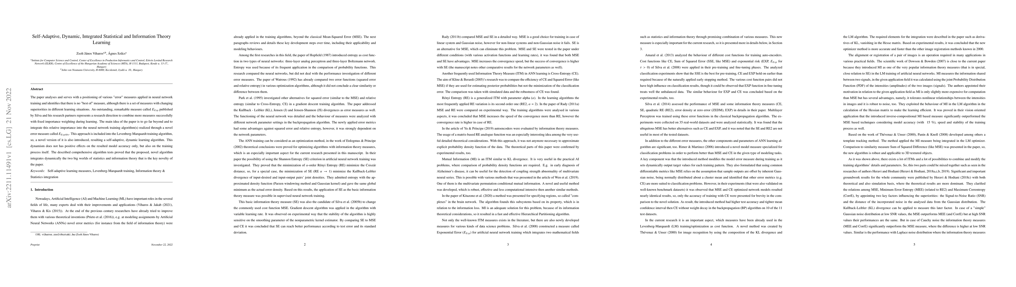 Thumbnail for Self-Adaptive, Dynamic, Integrated Statistical and Information Theory
  Learning