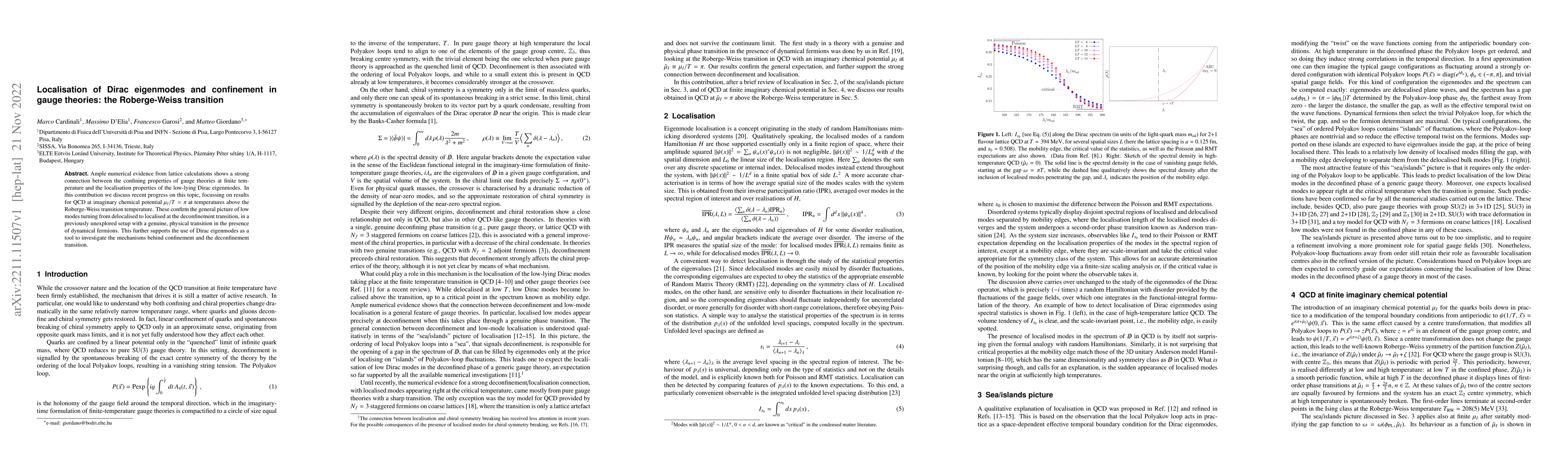 Thumbnail for Localisation of Dirac eigenmodes and confinement in gauge theories: the
  Roberge-Weiss transition