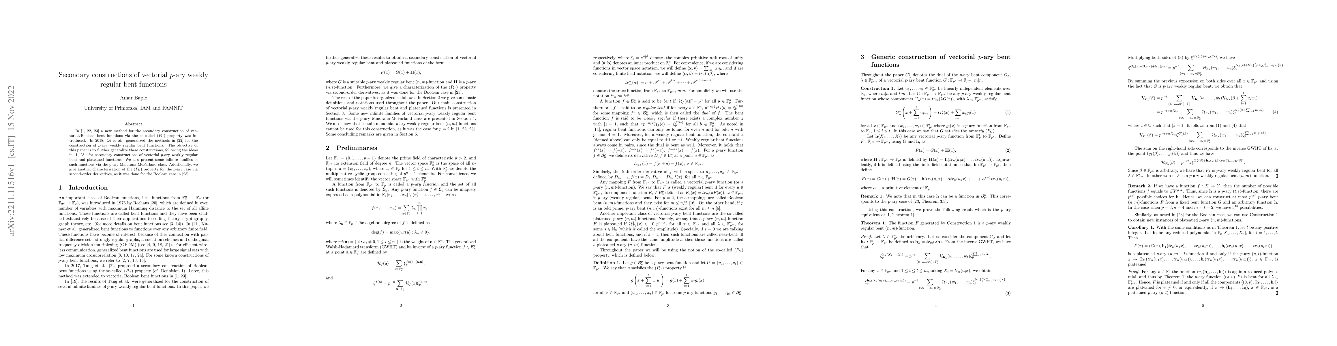 Thumbnail for Secondary constructions of vectorial $p$-ary weakly regular bent
  functions