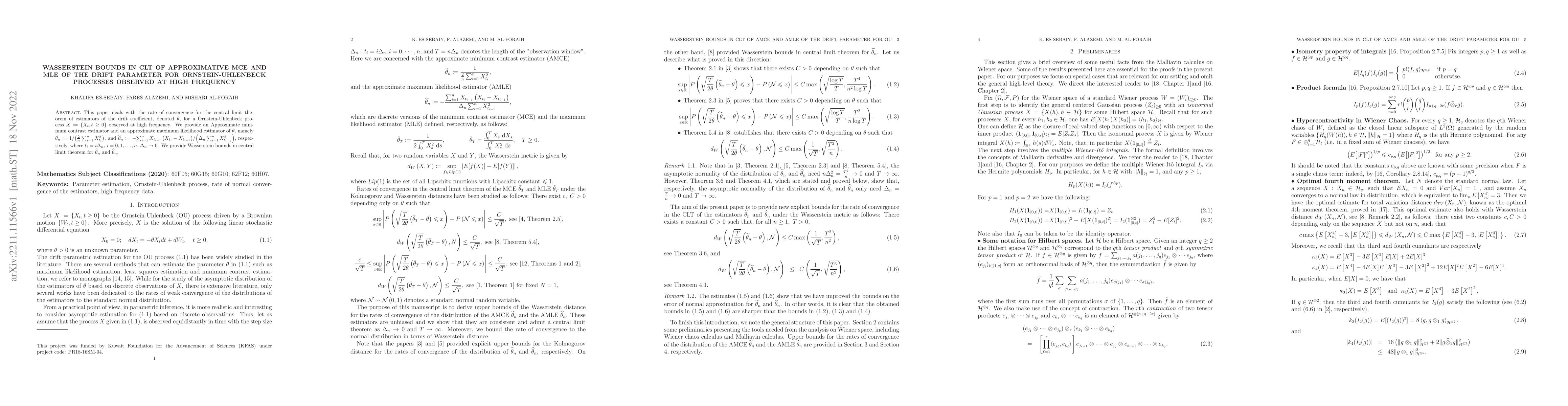 Thumbnail for Wasserstein bounds in CLT of approximative MCE and MLE of the drift
  parameter for Ornstein-Uhlenbeck processes observed at high frequency