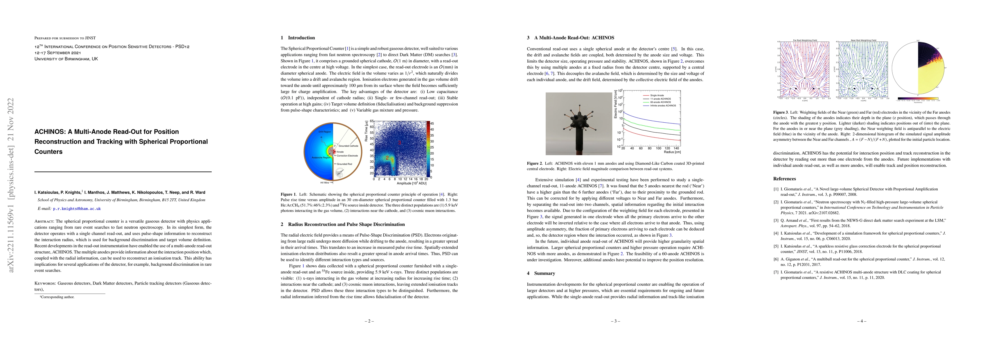 Thumbnail for ACHINOS: A Multi-Anode Read-Out for Position Reconstruction and Tracking
  with Spherical Proportional Counters