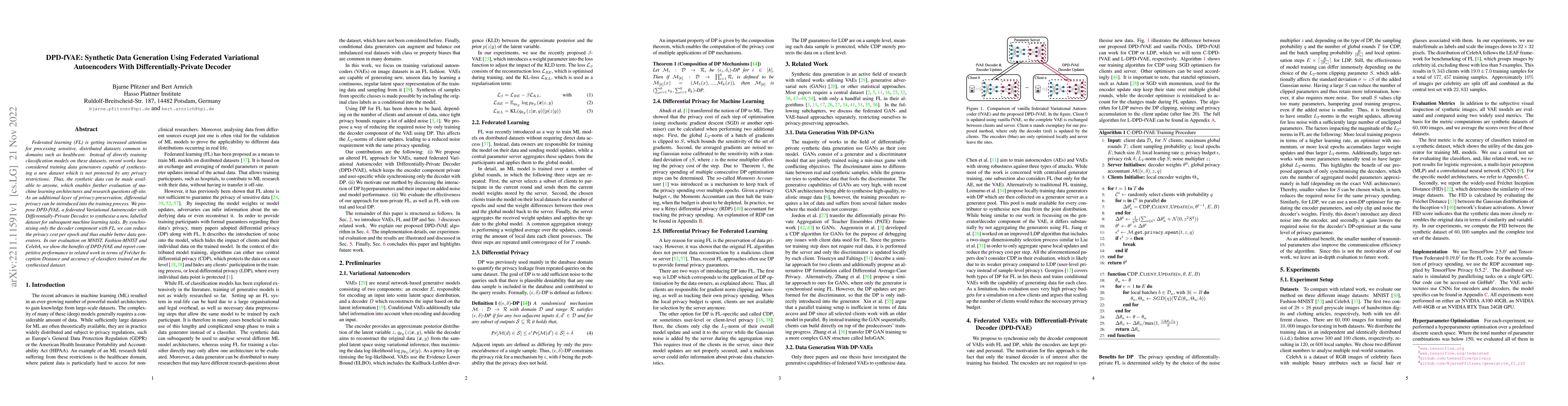 Thumbnail for DPD-fVAE: Synthetic Data Generation Using Federated Variational
  Autoencoders With Differentially-Private Decoder