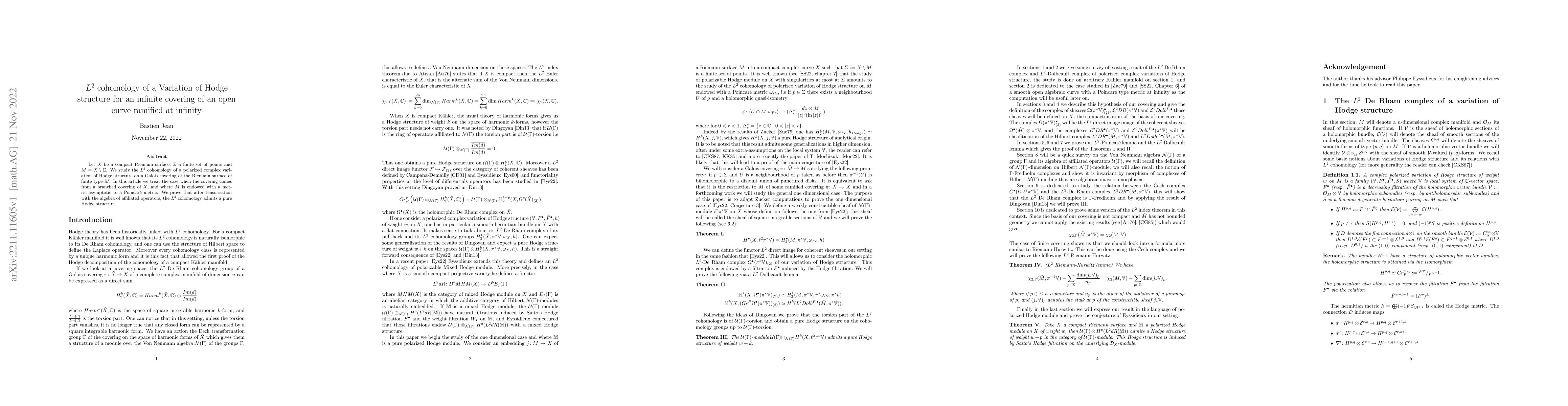 Thumbnail for $L^2$-cohomology of a variation of Hodge structure for an infinite
  covering of an open curve ramified at infinity