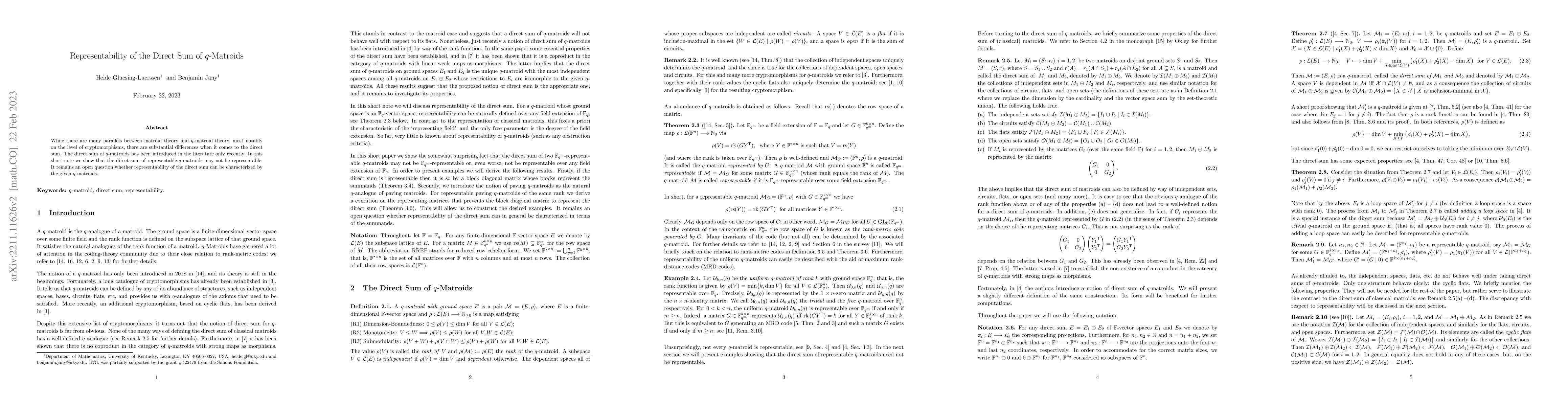 Thumbnail for Representability of the Direct Sum of $q$-Matroids