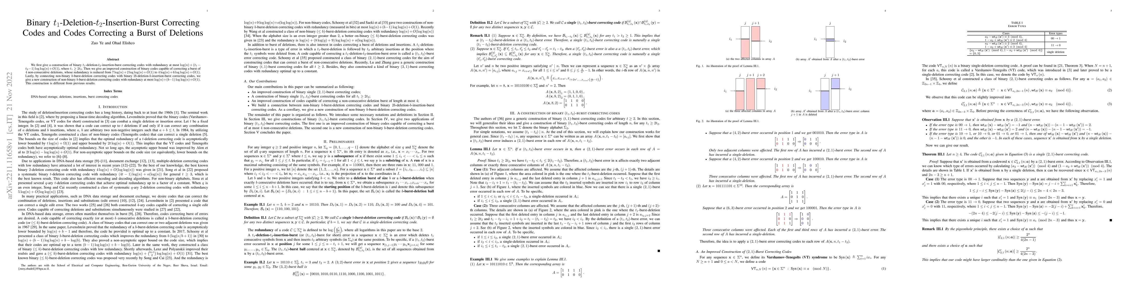 Thumbnail for Binary $t_1$-Deletion-$t_2$-Insertion-Burst Correcting Codes and Codes
  Correcting a Burst of Deletions